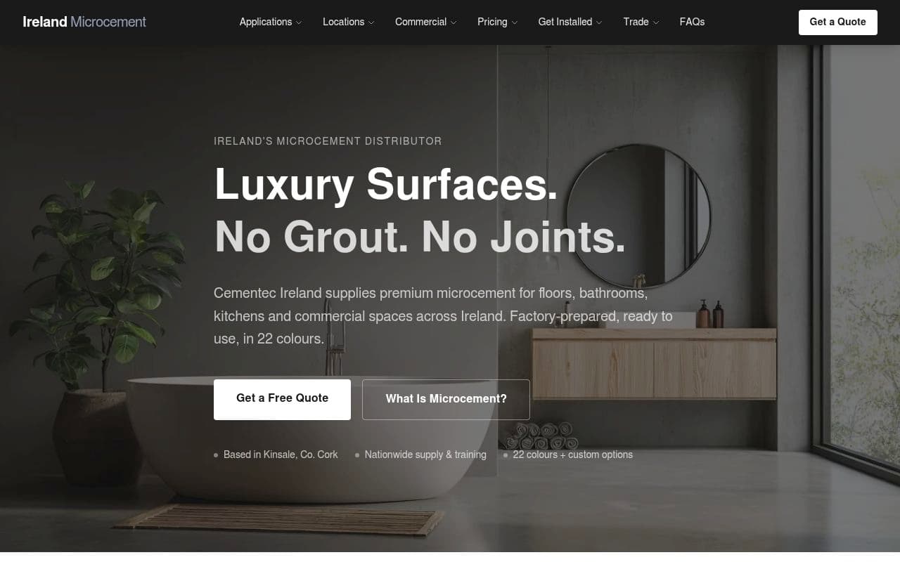 Ireland Microcement homepage, a premium microcement surface distributor based in Kinsale