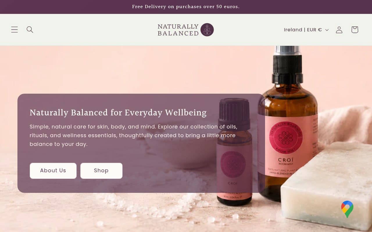 Naturally Balanced homepage, a natural skincare and wellness brand and online shop in Ireland